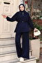 Women's Oversize Cut Zippered Collar Waist Stopper Modal Suit 1234 Navy Blue - 4