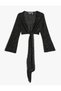 Crop Blouse Glittered Front Tie Spanish Sleeve