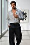 Men's Black and White Striped Waffle Fabric Oversize Casual Shirt - 3