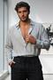 Men's Black-White Striped Waffle Fabric Long Sleeve Shirt