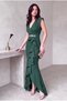 Women's Scuba Crepe Fabric Double-Breasted Collar Skirt Flounce Belt Stone Emerald Evening Dress Graduation Wedding Dress - 4