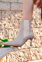 Women's Beige Leather Side Elastic Heeled Boots - 4