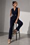 Women's Navy Blue Vest and Trousers Set, Double-Breasted Buttoned, Stylish Office Combination - 2