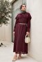 Lace Detailed Cape Belted Lined Imported Ibiza Dress - Dark Burgundy