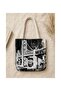 Women's Landscape Patterned Woven Shoulder Bag Daily Tote Bag - Black and White Köprü Manz - 5
