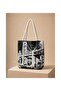 Women's Landscape Patterned Woven Shoulder Bag Daily Tote Bag - Black and White Köprü Manz - 2