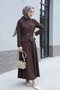 Diagonal Suit with Front Zipper Pocket Detail and Belted Skirt - Brown - 4