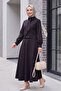 Diagonal Suit with Hidden Buttons and Scarf Detail - Black - 5