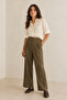 Women's Light Brown Line Patterned Linen Shirt with Folded Sleeves New Season - 4