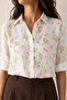 Women's Yellow Floral Patterned Linen Folded Sleeve Shirt - New Season - - 3