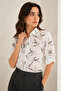 Women's White Floral Patterned Stylish Sleeve Fold Linen Shirt - 2