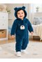 Sweet Teddy Bear Embroidered Welsoft Plush Hooded Zippered Winter Unisex Baby Romper - 2