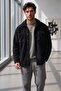 Black Buttoned Plush Wellsoft Oversize Cut Jacket with Double Pockets
