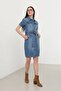 Blue White Women's Short Sleeve Jean Dress - 3