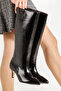Women's Black Wrinkled Patent Leather Heeled Pointed Toe Boots