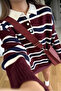 Women's Sweater Buttoned Polo Neck Striped Oversize Knitwear Sweater