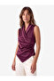 Asymmetrical Detailed Sleeveless Double Breasted Collar Gathered Satin Blouse - 2