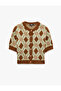 Buttoned Crew Neck Short Sleeve Knitwear Argyle Patterned Cardigan - 5