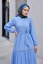Ruffled Skirt Dress with Lace Ribbon Detail -Blue - 3