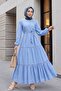 Ruffled Skirt Dress with Lace Ribbon Detail -Blue