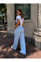 Women's Striped Elastic Waist Summer Viscose Trousers Light Blue - 3