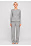100% Cotton Gray Soft Textured Ribbed Long Sleeve Women's Pajama Set - 3