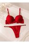 Women's Red Lace Piece Chain Detail Support Bra Set Underwear Set