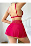 Red Lace Embroidered Skirt and Bra Set - 2