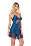 Lace Embroidered Thin Strap Petrol Blue Short Satin Nightgown - 2