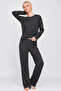 100% Cotton Anthracite Soft Textured Ribbed Long Sleeve Women's Pajama Set - 2