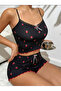 Black Pajama Set with Red Strawberry Patterned Suspender Shorts - 2