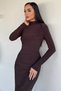 Women's Shiny Evening Dress with High Collar, Gathered Waist and Shoulder Detail, and Slit Detail - 3
