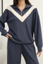 Women's Blue V Detailed Half Zipper and Stripe Detailed Pants Set - 3