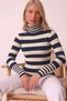 Women's Navy Blue Ecru Striped Turtleneck Knitwear Sweater – Long Sleeve Stylish Knitted Sweater - 5