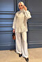Scalloped Sleeve Elastic Shirt Pants Hijab Double Set - 2