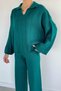 Polo Collar Blouse Pants Knitwear Double Set - 3