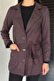 Women's Double-Breasted Collared Jacket with Front Buttons and Waist Belt - 3