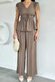 Women's Elastic Waist Pants V-Neck Blouse Two-Piece Set - 2