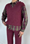 Women's Sweater, Garnished Plaid Patterned Shirt, Elastic Waist Pants, Two-Piece Set
