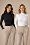 Women's 2-Piece Turtleneck Long Sleeve Cotton Stretch Basic T-Shirt Black-White