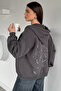 Gülseli Women's Front Zipper Hooded Embroidery and Stone Detailed Embroidered Sweatshirt