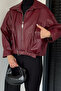 Women's Double Pocket Belt Detailed Self-Patterned Faux Leather Jacket