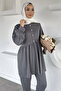 Women's Stoned Buttoned Ruffled Tunic Trousers Hijab Double Set - 3