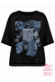 Plus Size Round Neck Denim Pocket Look Printed Stone Detailed Women's Blouse - 2