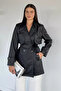 Women's Double Pocket Belted Buttoned Faux Leather Trench Coat