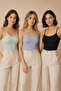 Women's 3-Pack 95% Cotton 5% Elastane Thin Strap Ribbed Undershirt Black-Blue-Green