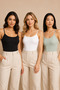 Women's 3-Pack 95% Cotton 5% Elastane Thin Strap Ribbed Undershirt Black-White-Green