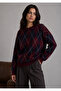 Burgundy Navy Blue Diamond Pattern Crew Neck Oversize Women's Knitwear Sweater - 3