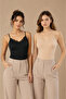 Women's 2-Pack 95% Cotton Lace Detailed Thin Strap Ribbed Undershirt Black-Tan