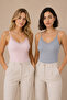 Women's 2-Piece 95% Cotton Lace Detailed Thin Strap Ribbed Undershirt Pink-Blue